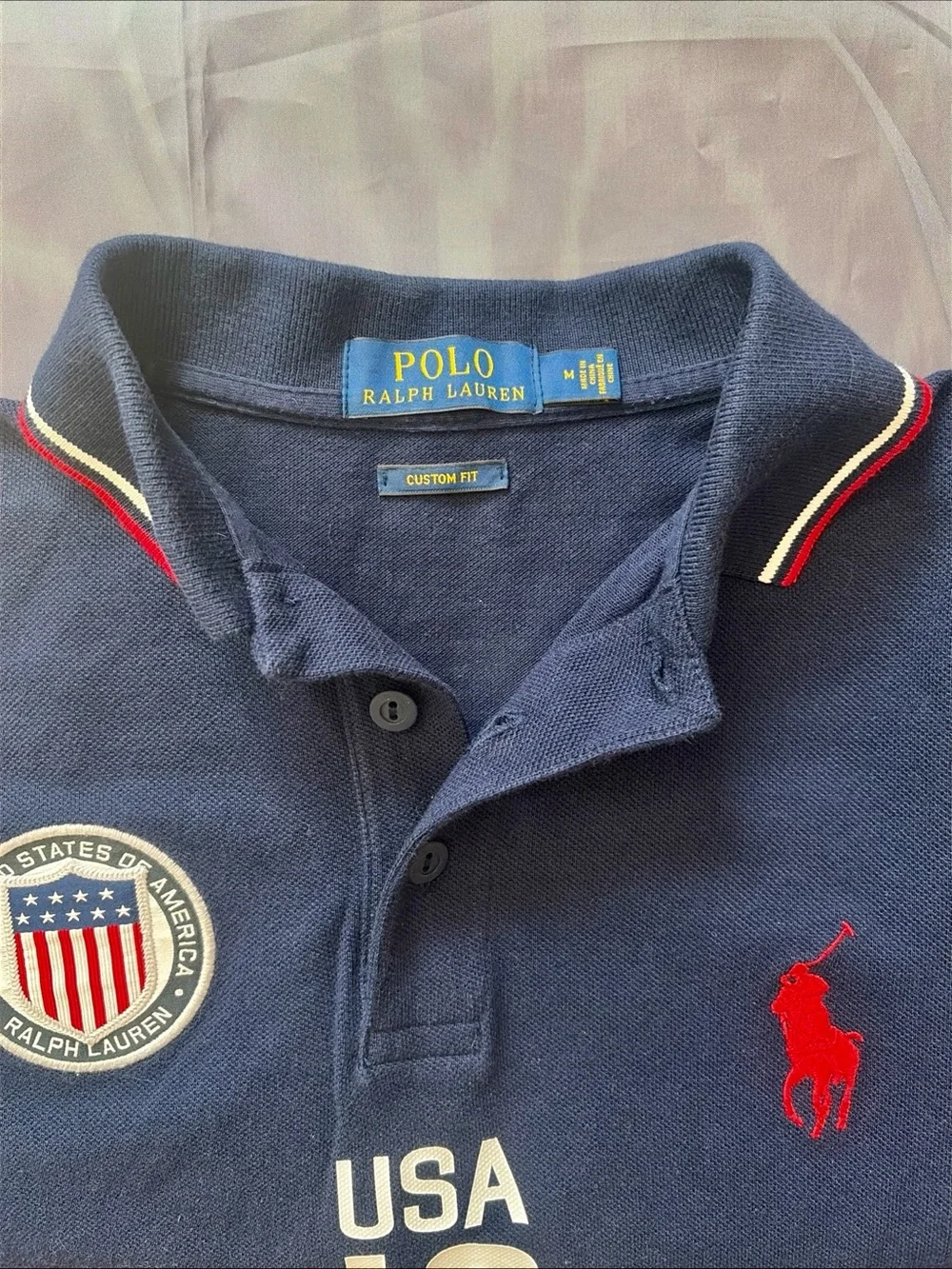 Polo Ralph Lauren USA 16 Big Pony Polo Shirt Navy Blue Men's M Custom Fit Flag